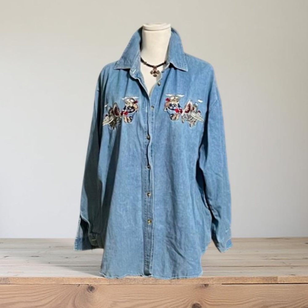 Vintage Quizz New York Denim embroidered Airplane Teddy bear Jean Shirt Size  20